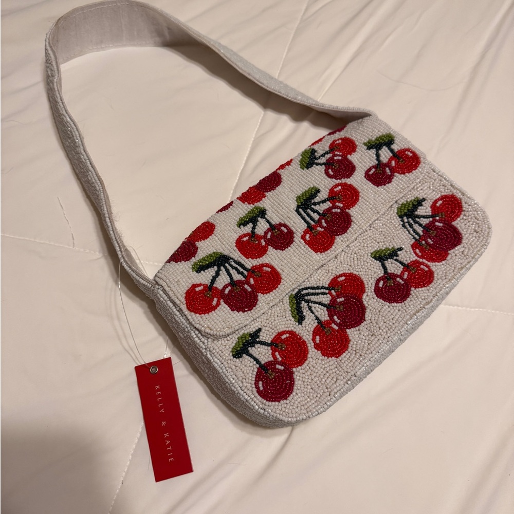 Cherry Beaded White Bag